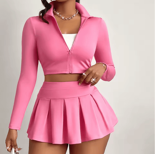 Women’s 2-Piece Sport Set – Long Sleeve Zip-Up Crop Jacket + Pleated Mini Skirt – Sexy Workout Outfit for Gym, Yoga, Running, Fitness & Casual Streetwear
