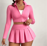 Women’s 2-Piece Sport Set – Long Sleeve Zip-Up Crop Jacket + Pleated Mini Skirt – Sexy Workout Outfit for Gym, Yoga, Running, Fitness & Casual Streetwear