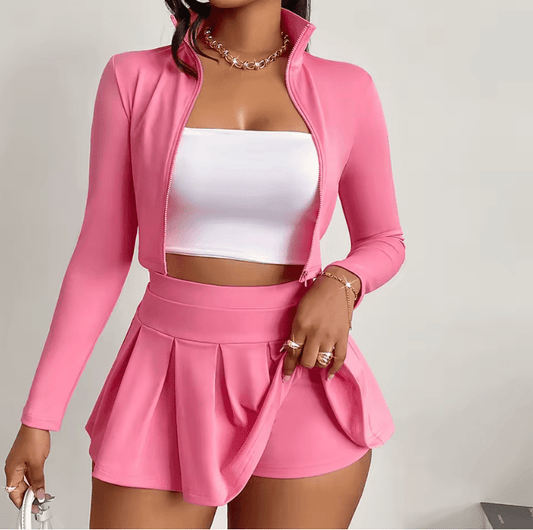 Women’s 2-Piece Sport Set – Long Sleeve Zip-Up Crop Jacket + Pleated Mini Skirt – Sexy Workout Outfit for Gym, Yoga, Running, Fitness & Casual Streetwear