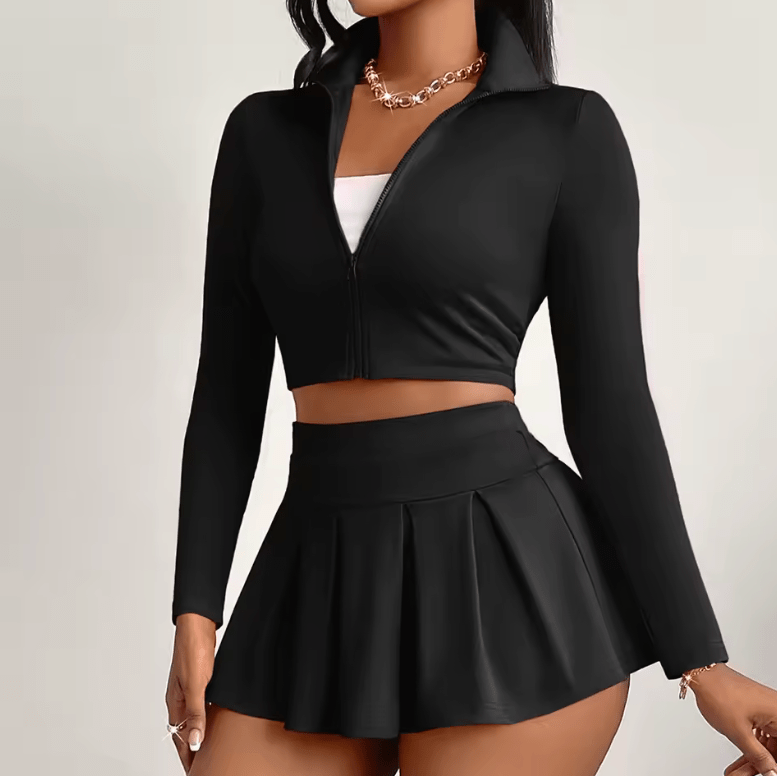 Women’s 2-Piece Sport Set – Long Sleeve Zip-Up Crop Jacket + Pleated Mini Skirt – Sexy Workout Outfit for Gym, Yoga, Running, Fitness & Casual Streetwear