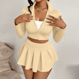 Women’s 2-Piece Sport Set – Long Sleeve Zip-Up Crop Jacket + Pleated Mini Skirt – Sexy Workout Outfit for Gym, Yoga, Running, Fitness & Casual Streetwear