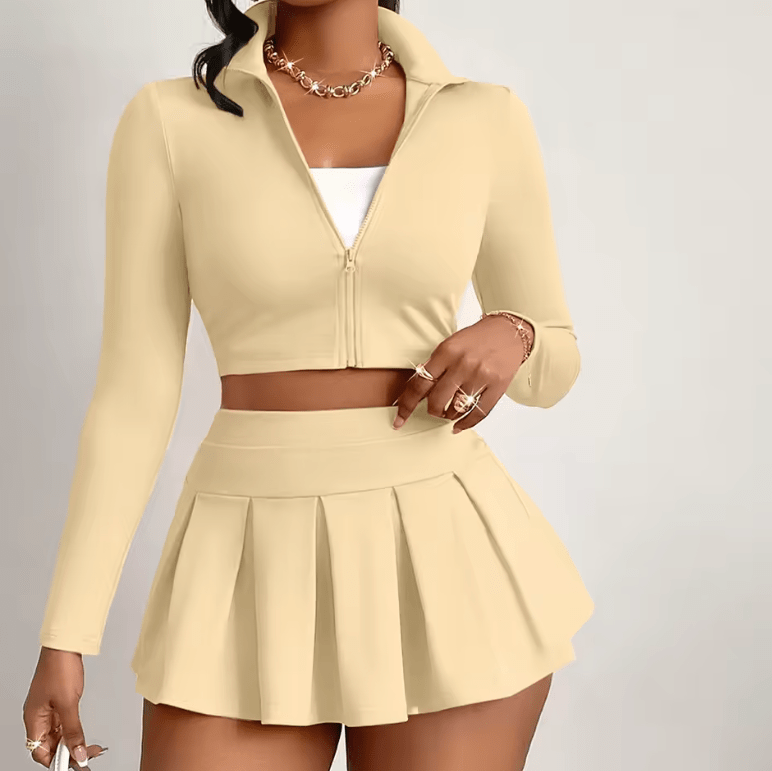 Women’s 2-Piece Sport Set – Long Sleeve Zip-Up Crop Jacket + Pleated Mini Skirt – Sexy Workout Outfit for Gym, Yoga, Running, Fitness & Casual Streetwear