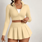 Women’s 2-Piece Sport Set – Long Sleeve Zip-Up Crop Jacket + Pleated Mini Skirt – Sexy Workout Outfit for Gym, Yoga, Running, Fitness & Casual Streetwear