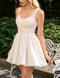 Women’s Plaid Strappy Mini Dress – Floral Trim Backless A-Line V-Neck Summer Dress – Casual Party Outfit 2025 New Arrival