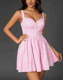 Women’s Plaid Strappy Mini Dress – Floral Trim Backless A-Line V-Neck Summer Dress – Casual Party Outfit 2025 New Arrival