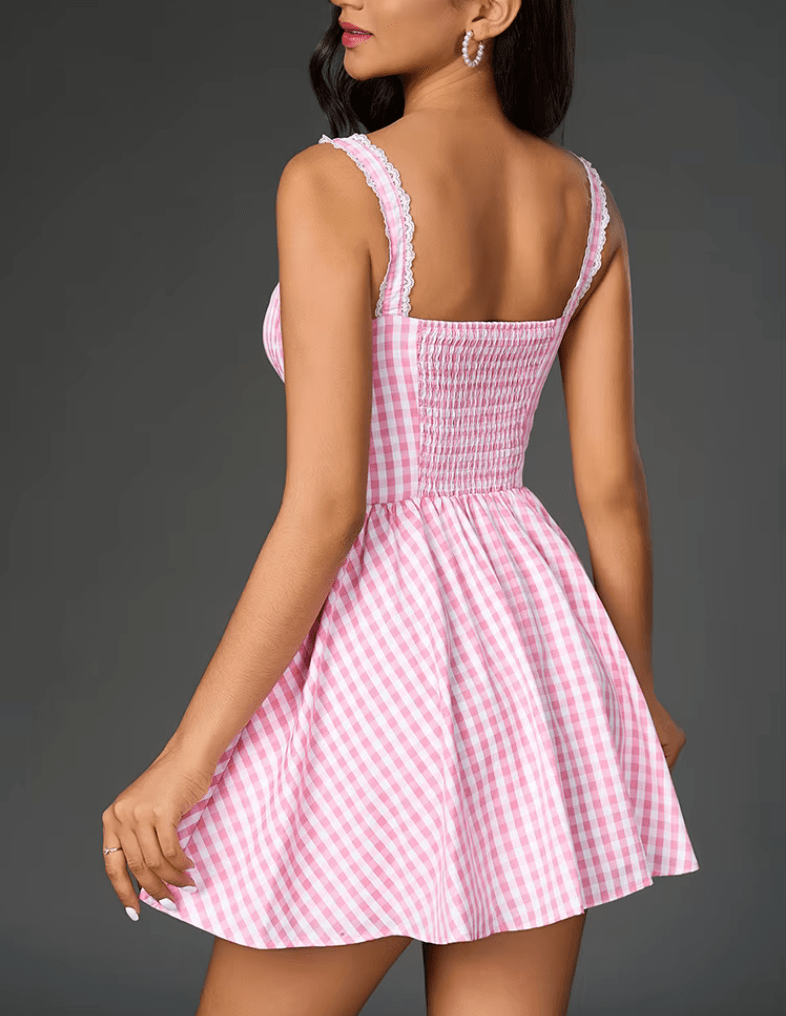 Women’s Plaid Strappy Mini Dress – Floral Trim Backless A-Line V-Neck Summer Dress – Casual Party Outfit 2025 New Arrival