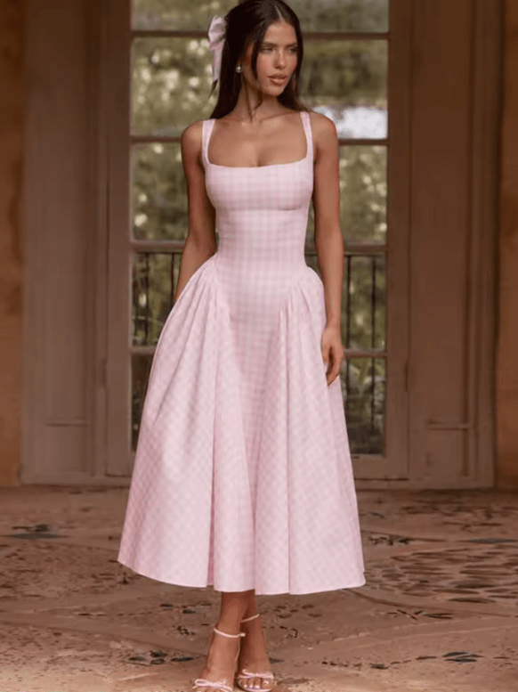 Avrilyaan Women’s Plaid Midi Dress – Sexy Spaghetti Strap Backless A-Line Summer Dress – Elegant Sleeveless Party Dress 2025 Vestidos