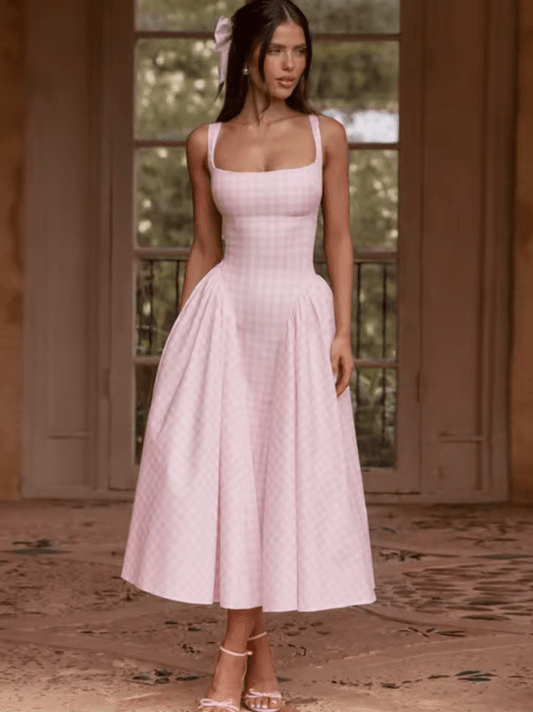 Avrilyaan Women’s Plaid Midi Dress – Sexy Spaghetti Strap Backless A-Line Summer Dress – Elegant Sleeveless Party Dress 2025 Vestidos