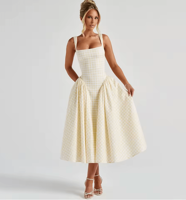 Avrilyaan Women’s Plaid Midi Dress – Sexy Spaghetti Strap Backless A-Line Summer Dress – Elegant Sleeveless Party Dress 2025 Vestidos