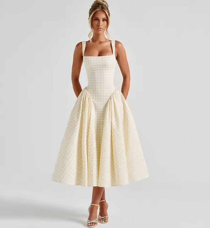Avrilyaan Women’s Plaid Midi Dress – Sexy Spaghetti Strap Backless A-Line Summer Dress – Elegant Sleeveless Party Dress 2025 Vestidos