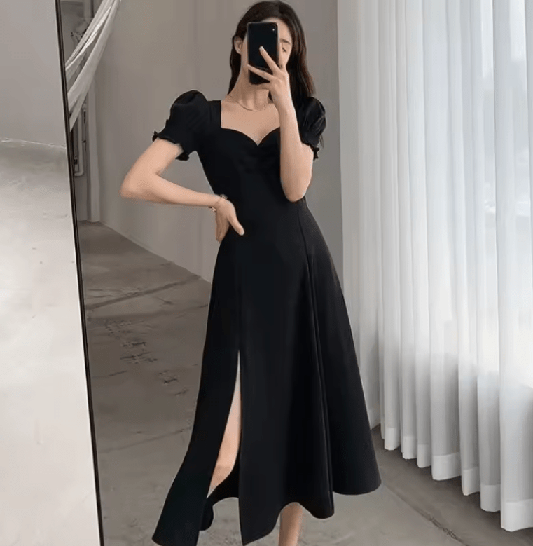 Women’s Elegant Puff Sleeve Slit Dress – Slim Fit High Waist V-Neck Evening Party Dress – Short Sleeve Solid Color Full-Length Gown 2025