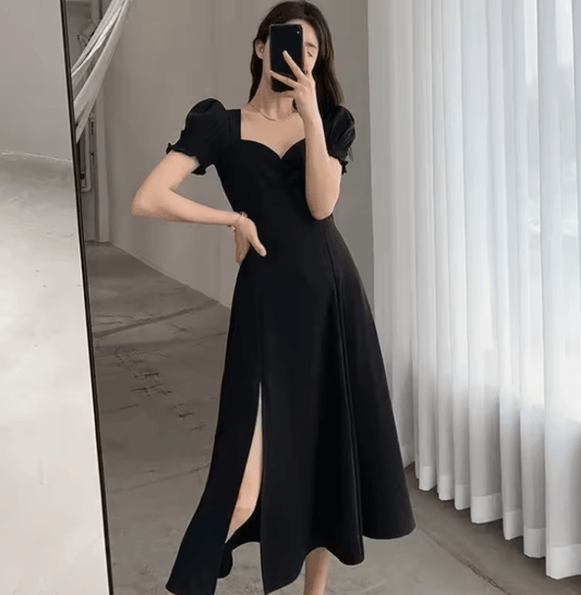 Women’s Elegant Puff Sleeve Slit Dress – Slim Fit High Waist V-Neck Evening Party Dress – Short Sleeve Solid Color Full-Length Gown 2025