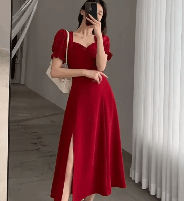 Women’s Elegant Puff Sleeve Slit Dress – Slim Fit High Waist V-Neck Evening Party Dress – Short Sleeve Solid Color Full-Length Gown 2025