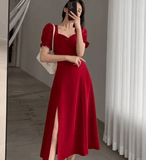 Women’s Elegant Puff Sleeve Slit Dress – Slim Fit High Waist V-Neck Evening Party Dress – Short Sleeve Solid Color Full-Length Gown 2025