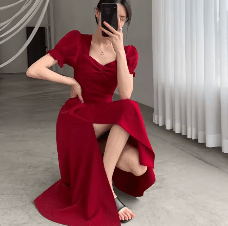 Women’s Elegant Puff Sleeve Slit Dress – Slim Fit High Waist V-Neck Evening Party Dress – Short Sleeve Solid Color Full-Length Gown 2025