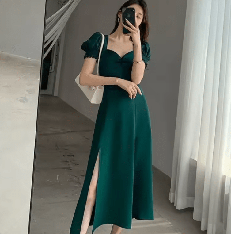 Women’s Elegant Puff Sleeve Slit Dress – Slim Fit High Waist V-Neck Evening Party Dress – Short Sleeve Solid Color Full-Length Gown 2025