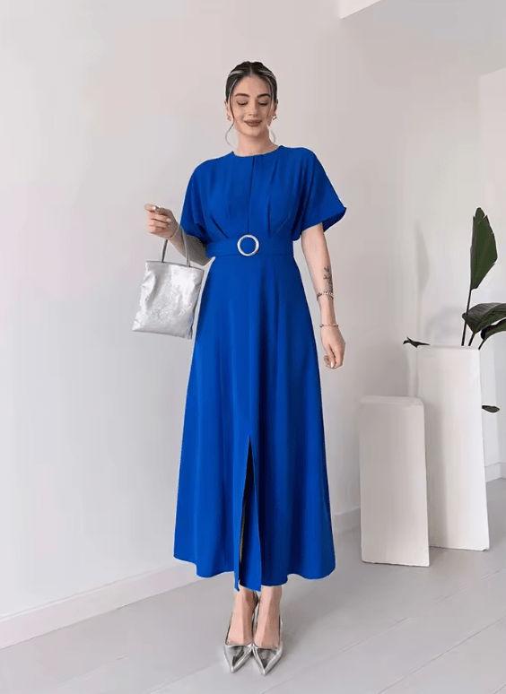 Women’s Elegant Maxi Dress – Spring Summer Pure Color Long Gown with Waist Sash – Flowy Tummy Control Dress for Formal & Casual Occasions