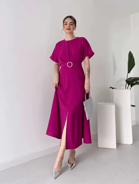 Women’s Elegant Maxi Dress – Spring Summer Pure Color Long Gown with Waist Sash – Flowy Tummy Control Dress for Formal & Casual Occasions
