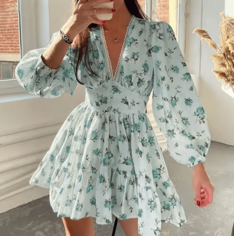Women’s Floral Mini Dress – Long Sleeve V-Neck A-Line Dress with High Waist – Vintage Summer Autumn Beach Vacation Outfit 2025