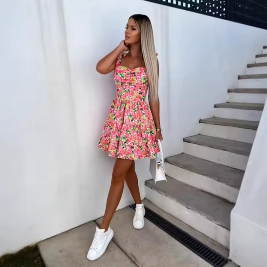 2025 Women’s Sleeveless Cross-Border Halter Dress – Adjustable Strap Print Mini Dress with Short Skirt – Fashionable Summer Outfit