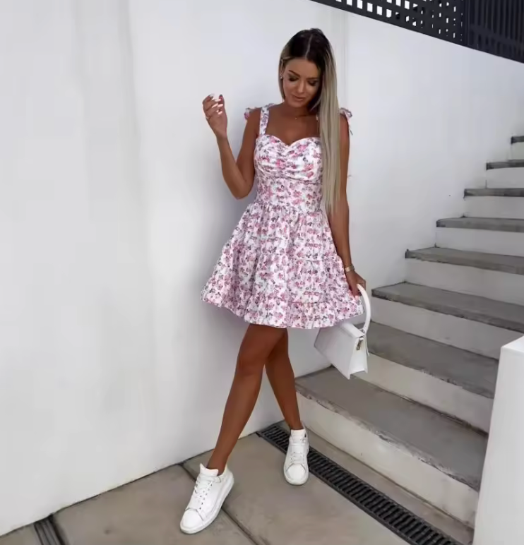 2025 Women’s Sleeveless Cross-Border Halter Dress – Adjustable Strap Print Mini Dress with Short Skirt – Fashionable Summer Outfit