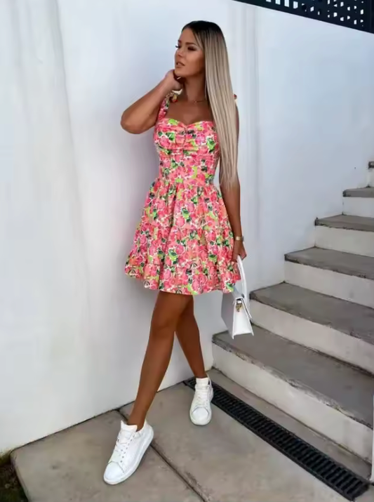 2025 Women’s Sleeveless Cross-Border Halter Dress – Adjustable Strap Print Mini Dress with Short Skirt – Fashionable Summer Outfit