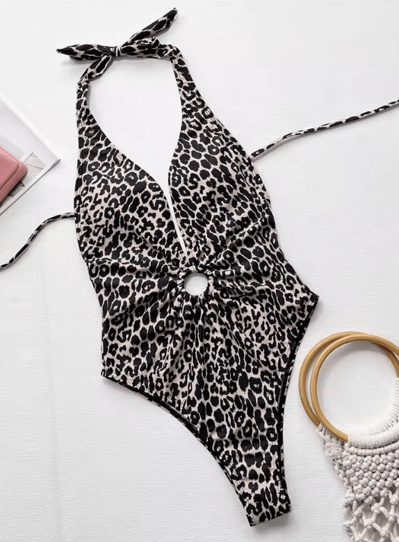 Women’s Sexy Leopard Print One Piece Swimsuit – Deep V Neck Halter Monokini – 2025 Swimwear Bathing Suit for Beach & Pool