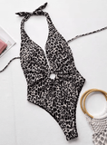 Women’s Sexy Leopard Print One Piece Swimsuit – Deep V Neck Halter Monokini – 2025 Swimwear Bathing Suit for Beach & Pool