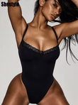 Shestyle Women’s Black Lace Bodysuit – V Neck Bodycon Thong Camisole with Adjustable Spaghetti Straps – Sleeveless Basic Lingerie Top
