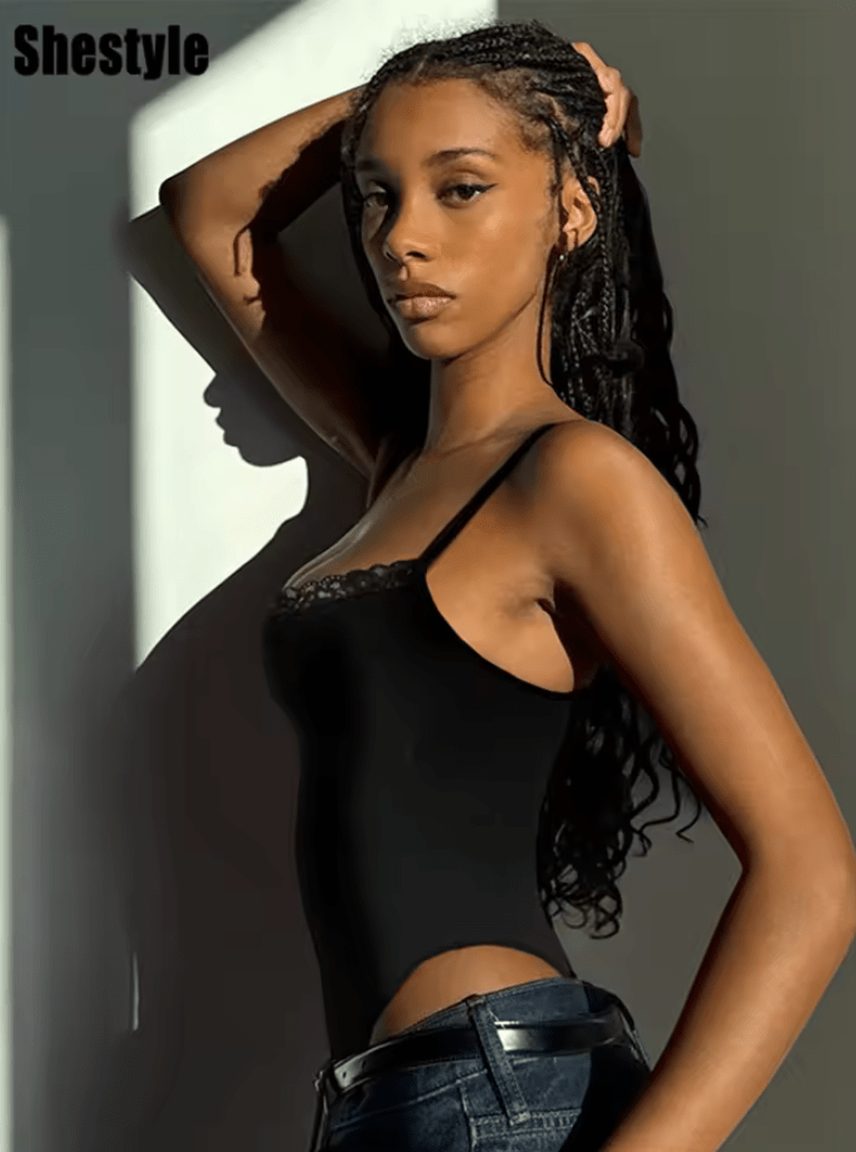Shestyle Women’s Black Lace Bodysuit – V Neck Bodycon Thong Camisole with Adjustable Spaghetti Straps – Sleeveless Basic Lingerie Top