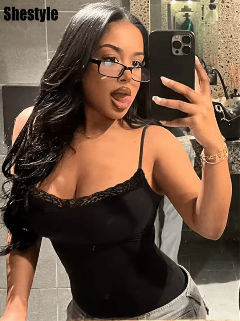 Shestyle Women’s Black Lace Bodysuit – V Neck Bodycon Thong Camisole with Adjustable Spaghetti Straps – Sleeveless Basic Lingerie Top