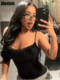 Shestyle Women’s Black Lace Bodysuit – V Neck Bodycon Thong Camisole with Adjustable Spaghetti Straps – Sleeveless Basic Lingerie Top
