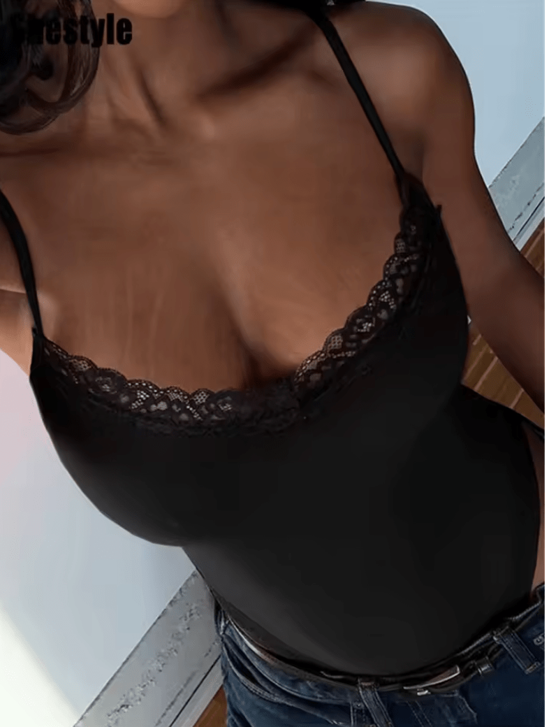 Shestyle Women’s Black Lace Bodysuit – V Neck Bodycon Thong Camisole with Adjustable Spaghetti Straps – Sleeveless Basic Lingerie Top