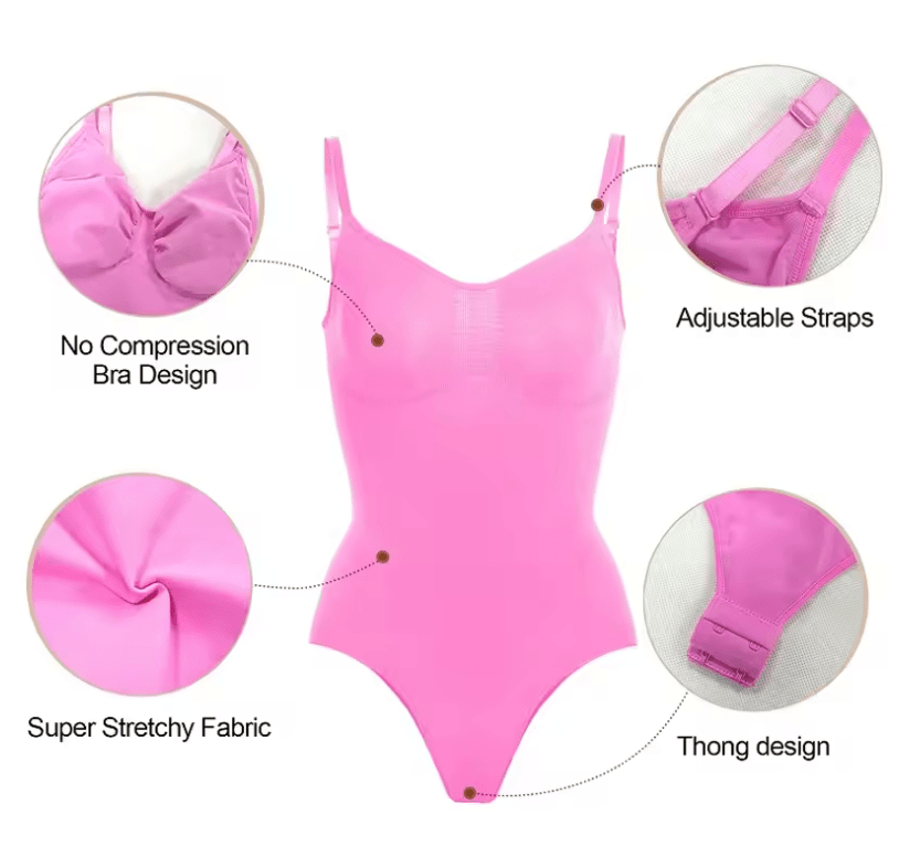 Women’s Shapewear Bodysuit – Full Body Slimming Thong Faja with Tummy Control & Waist Trainer – Sexy Invisible Underwear in Black or Pink