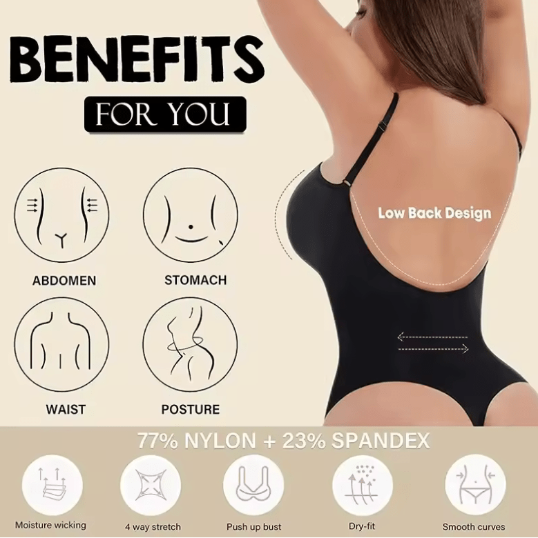 Women’s Backless Bodysuit – Seamless Thong Shapewear with Open Crotch & Low Back – Sexy Spandex Full Body Shaper Lingerie