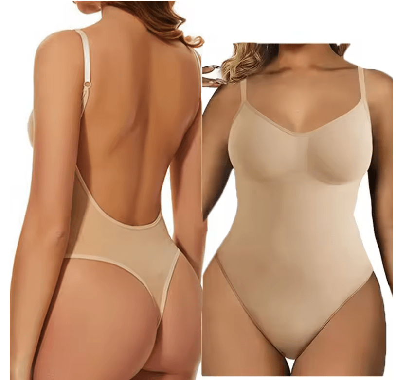 Women’s Backless Bodysuit – Seamless Thong Shapewear with Open Crotch & Low Back – Sexy Spandex Full Body Shaper Lingerie