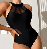 Women’s Sexy Net One Piece Swimsuit – Push-Up Mesh Swimwear Bodysuit – 2025 Closed Bathing Suit for Beach & Pool