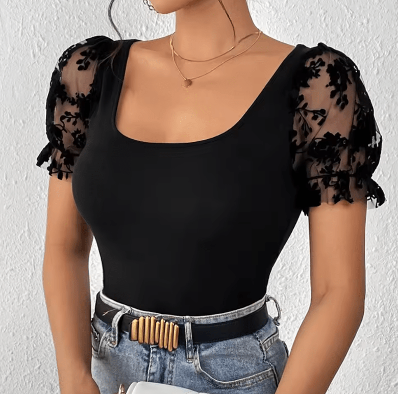 Mia Muse Women’s Puff Sleeve T-Shirt – Square Neck Gauze Top for Spring Summer – Casual Daily Fashion Tee