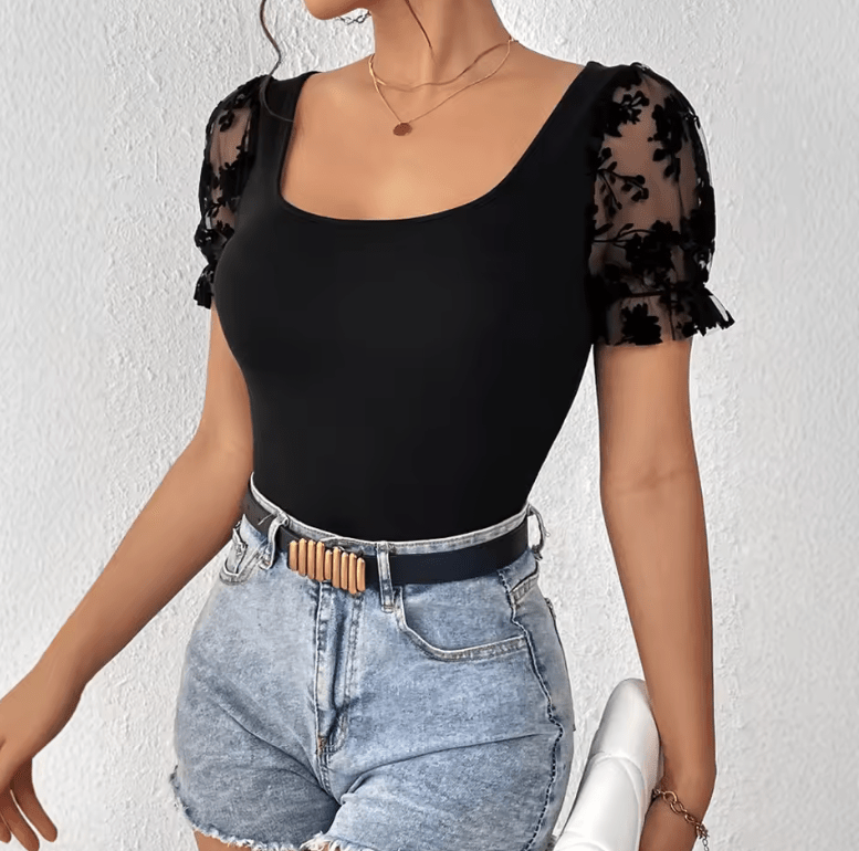 Mia Muse Women’s Puff Sleeve T-Shirt – Square Neck Gauze Top for Spring Summer – Casual Daily Fashion Tee