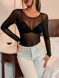 Women’s Sexy Sheer Mesh Long Sleeve Top – Black Stretch See-Through Fitted Transparent Layering Shirt
