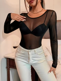Women’s Sexy Sheer Mesh Long Sleeve Top – Black Stretch See-Through Fitted Transparent Layering Shirt