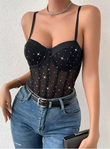 Women’s Glitter Sequin Suspender Jumpsuit – Slim Fit Fishbone Bodice – Sexy High-End Summer Party Romper Outfit