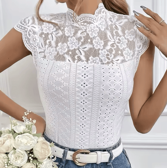 Y2K Lace Hollow Out Mock Neck Blouse – Women’s Solid Color Cap Sleeve Top – 2000s Aesthetic Streetwear Fashion