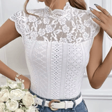 Y2K Lace Hollow Out Mock Neck Blouse – Women’s Solid Color Cap Sleeve Top – 2000s Aesthetic Streetwear Fashion