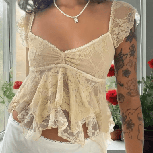 Xingqing Fairy Coquette Lace Tank Top – Y2K Sheer Double Layered V-Neck Sleeveless Shirt for Women – See Through Clubwear Street Style Vest