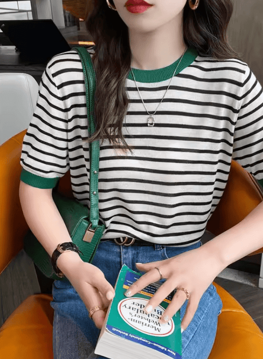2025 Women’s Striped Knit T-Shirt – Casual Summer Short Sleeve Top with Round Neck – Soft Lightweight Printed Tee