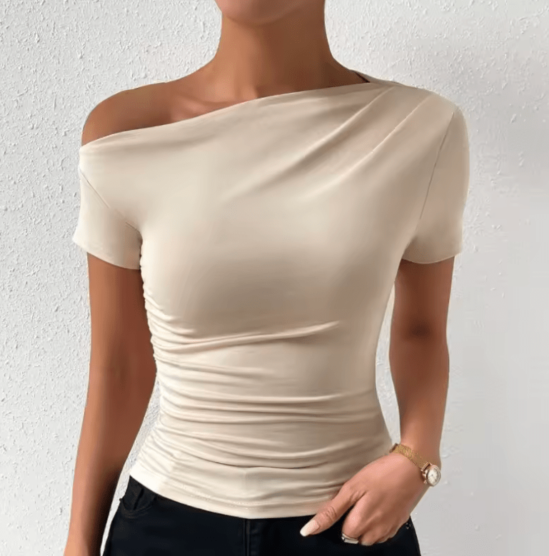 Solid One Shoulder T-Shirt – Elegant Short Sleeve Ruched Top for Women – Stylish Spring & Summer Clothing