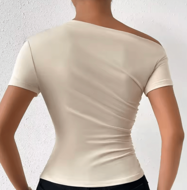 Solid One Shoulder T-Shirt – Elegant Short Sleeve Ruched Top for Women – Stylish Spring & Summer Clothing