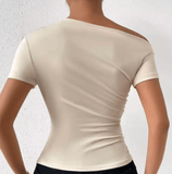 Solid One Shoulder T-Shirt – Elegant Short Sleeve Ruched Top for Women – Stylish Spring & Summer Clothing