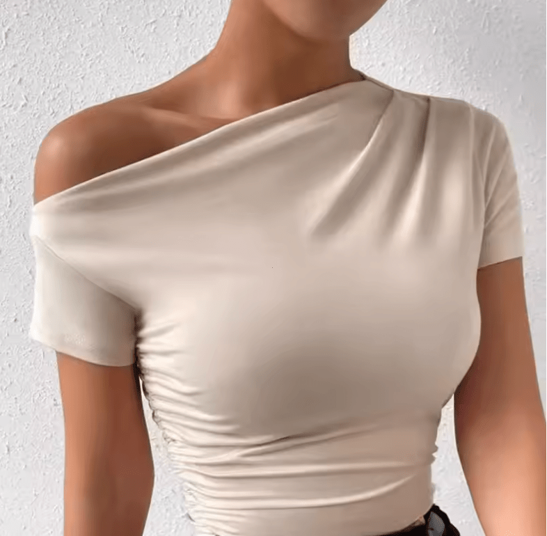 Solid One Shoulder T-Shirt – Elegant Short Sleeve Ruched Top for Women – Stylish Spring & Summer Clothing